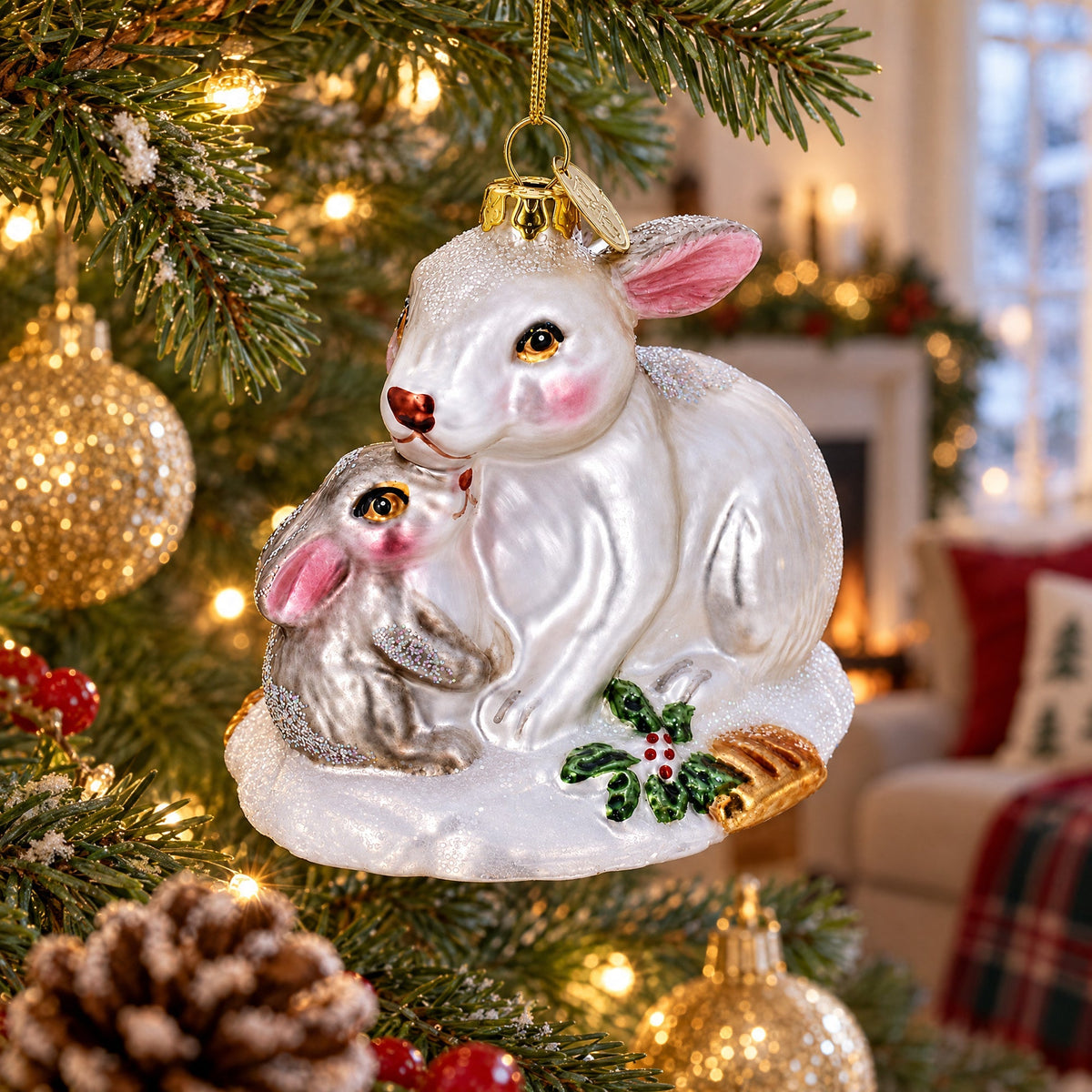 Mother and Baby Bunnies Glass Christmas Ornament - Che Cose Belle