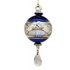 Etched Blown Glass Ball with Crystal Dangle - Blue