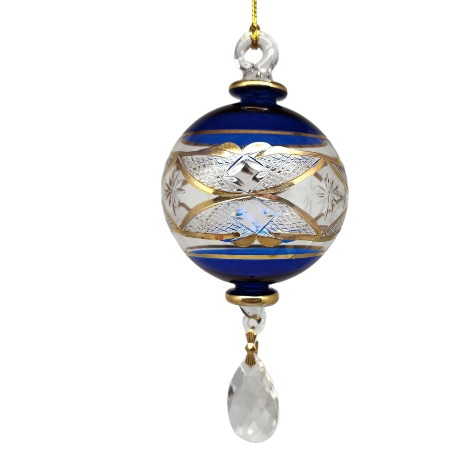 Etched Blown Glass Ball with Crystal Dangle - Blue