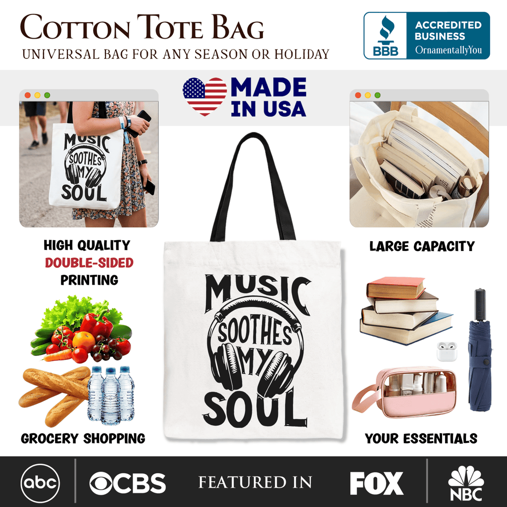 Music Soothes My Soul Tote Bag, Festival Concert Gift Shopper - Che Cose Belle