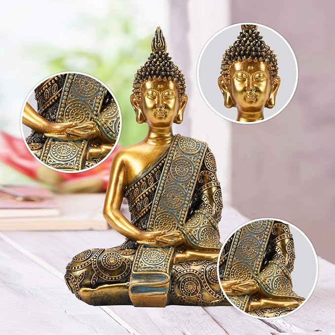 Nacome Meditating Seated Thai Buddha Statue Praying Collectibles Figurines,Zen Garden Buddha Sculpture - Indoor/Outdoor Decor for Home,Porch Yard Art Decoration,polyresin,Gold Buddah,Gift - Che Cose Belle