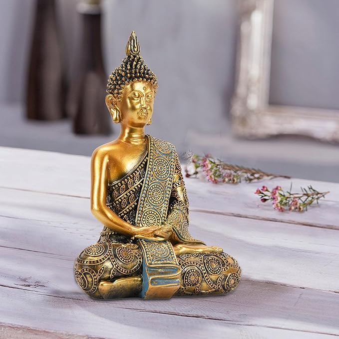 Nacome Meditating Seated Thai Buddha Statue Praying Collectibles Figurines,Zen Garden Buddha Sculpture - Indoor/Outdoor Decor for Home,Porch Yard Art Decoration,polyresin,Gold Buddah,Gift - Che Cose Belle