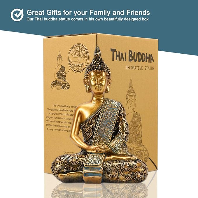 Nacome Meditating Seated Thai Buddha Statue Praying Collectibles Figurines,Zen Garden Buddha Sculpture - Indoor/Outdoor Decor for Home,Porch Yard Art Decoration,polyresin,Gold Buddah,Gift - Che Cose Belle