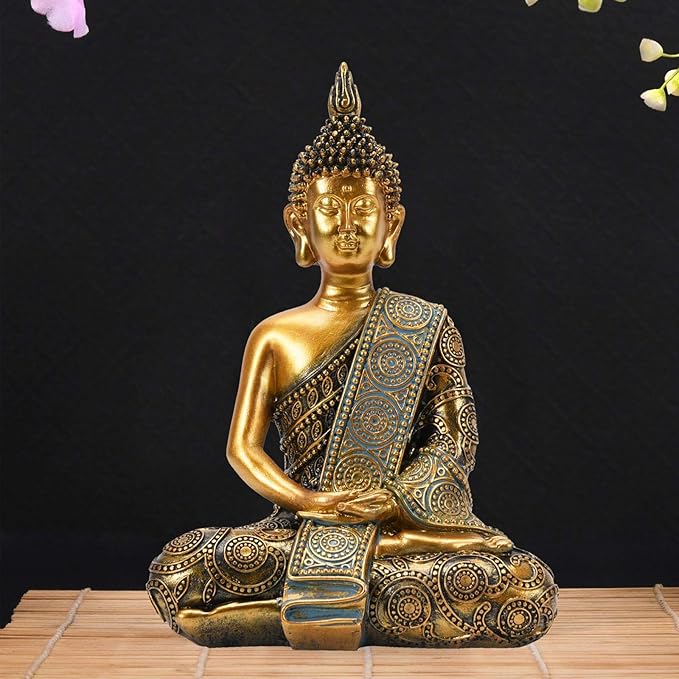 Nacome Meditating Seated Thai Buddha Statue Praying Collectibles Figurines,Zen Garden Buddha Sculpture - Indoor/Outdoor Decor for Home,Porch Yard Art Decoration,polyresin,Gold Buddah,Gift - Che Cose Belle