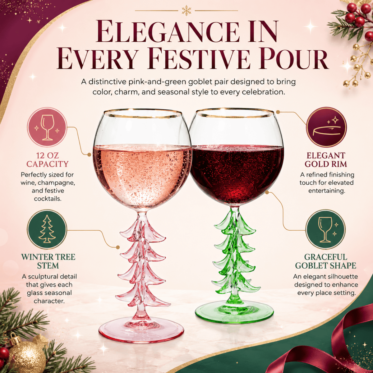 Natale Stemmed Wine Glassware, Set of 2 - Che Cose Belle