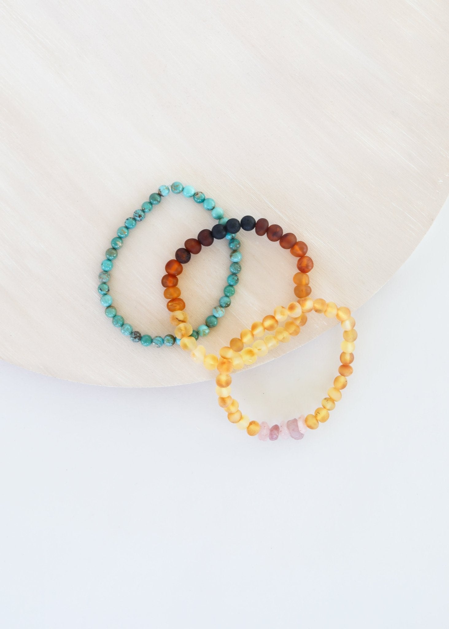 Natural Turquoise + Ombre + Raw Amber with Rose Quartz || Adult Bracelet Set - Che Cose Belle