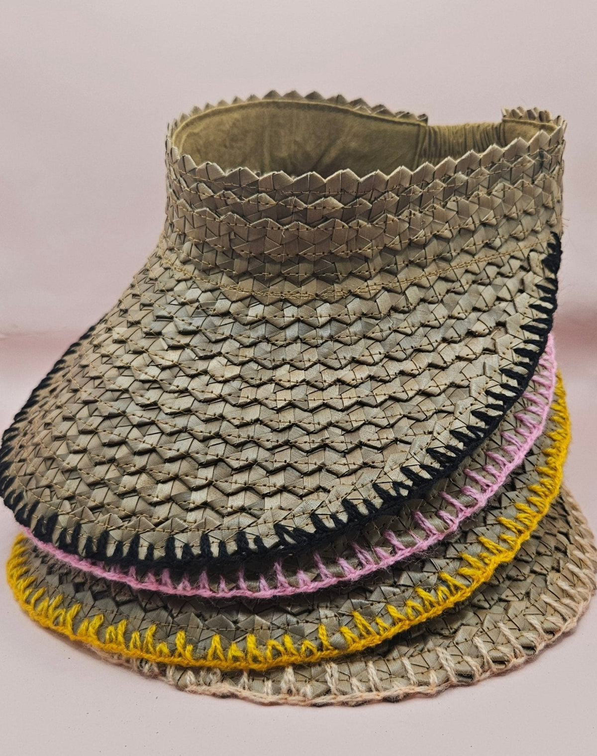 Natural Woven Palm Leaf Visor – Black, Pink, Yellow, or Cream Stitched Trim | Straw Sun Hat - Che Cose Belle