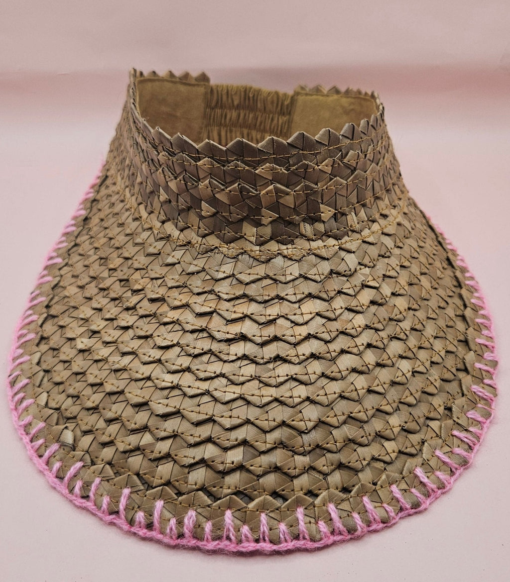 Natural Woven Palm Leaf Visor – Black, Pink, Yellow, or Cream Stitched Trim | Straw Sun Hat - Che Cose Belle