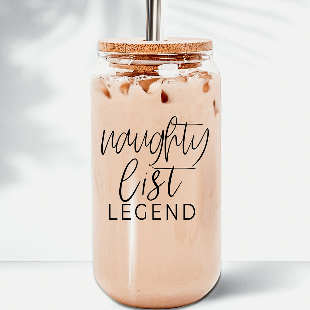 Naughty List Legend 17oz Glass Tumbler With Bamboo Lid, 2 Stainless Straws
