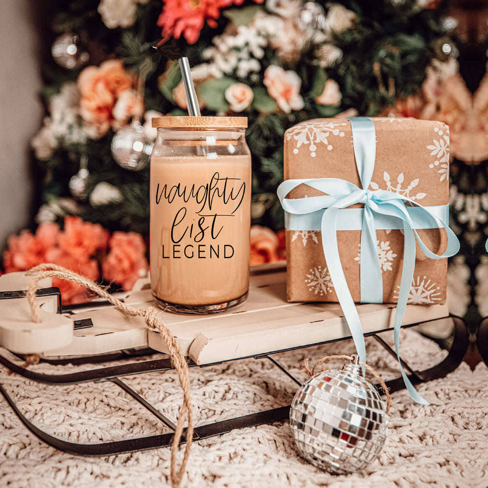 Naughty List Legend 17oz Glass Tumbler With Bamboo Lid, 2 Stainless Straws