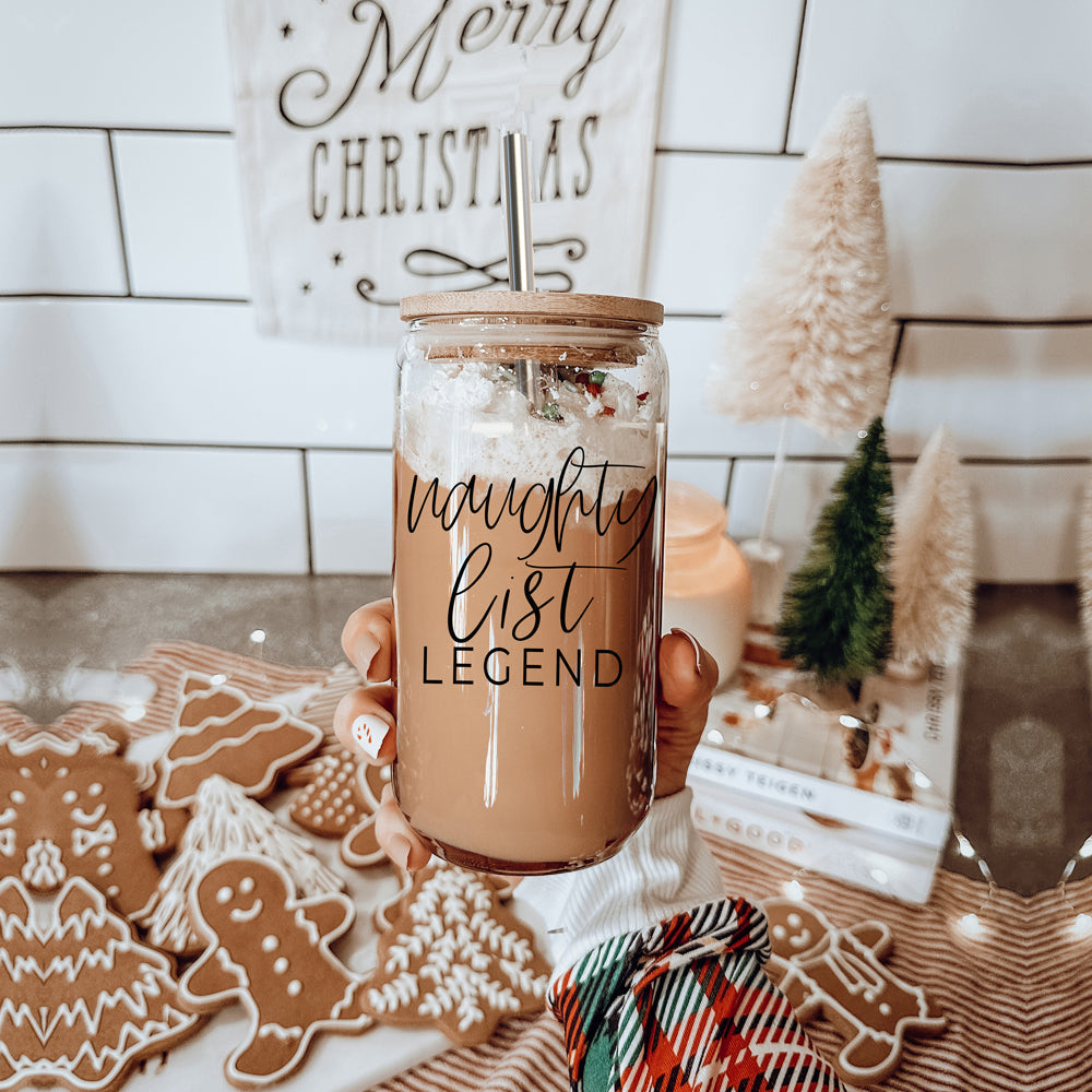 Naughty List Legend 17oz Glass Tumbler With Bamboo Lid, 2 Stainless Straws