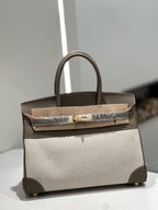 New Cross-border Genuine Leather Birkin Bag, Cowhide With Fabric Large Tote, Commuter Handbag With A High-end Kelly Bag Feel - Che Cose Belle
