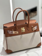 New Cross-border Genuine Leather Birkin Bag, Cowhide With Fabric Large Tote, Commuter Handbag With A High-end Kelly Bag Feel - Che Cose Belle