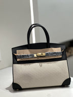 New Cross-border Genuine Leather Birkin Bag, Cowhide With Fabric Large Tote, Commuter Handbag With A High-end Kelly Bag Feel - Che Cose Belle
