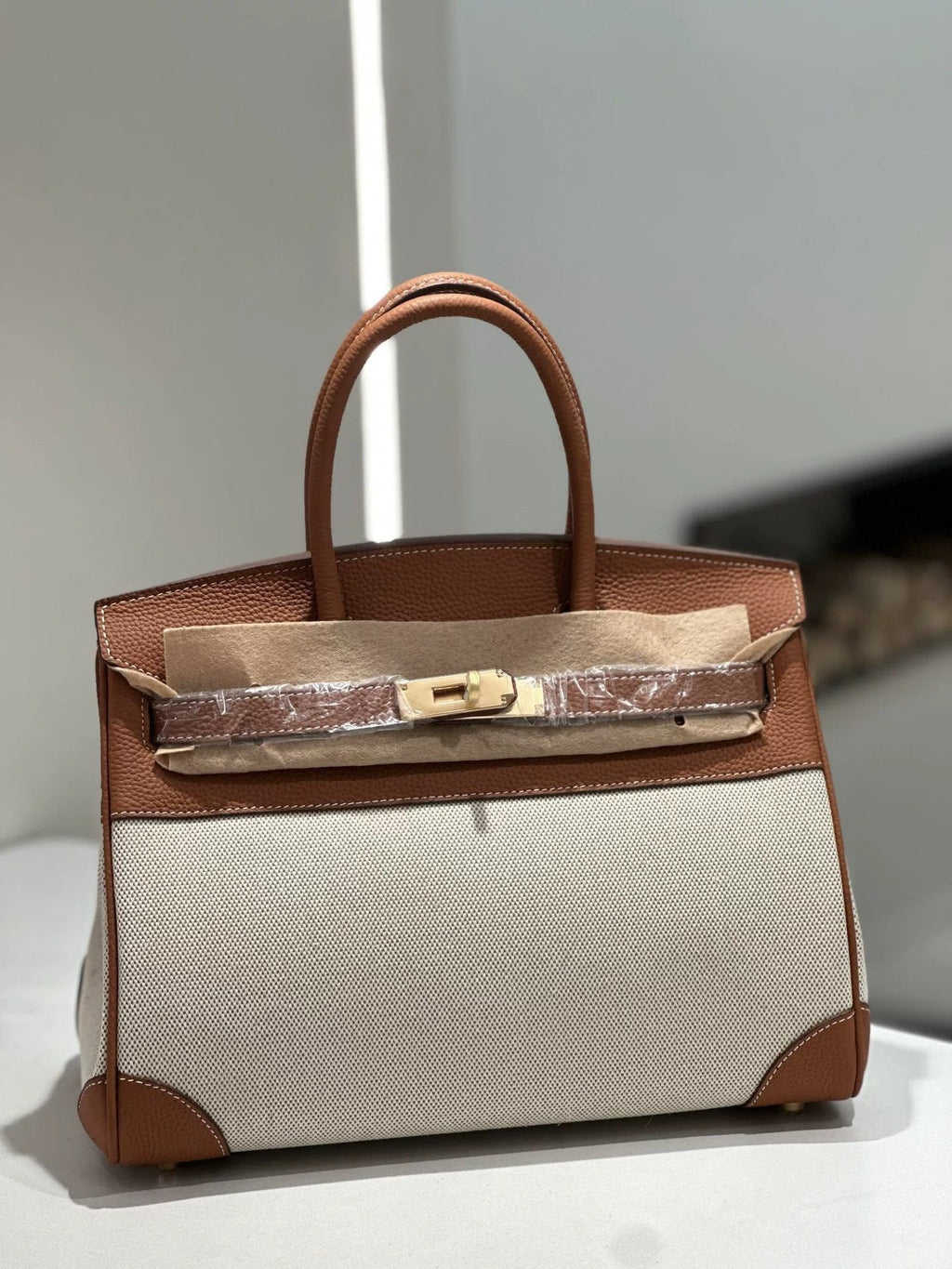 New Cross-border Genuine Leather Birkin Bag, Cowhide With Fabric Large Tote, Commuter Handbag With A High-end Kelly Bag Feel - Che Cose Belle