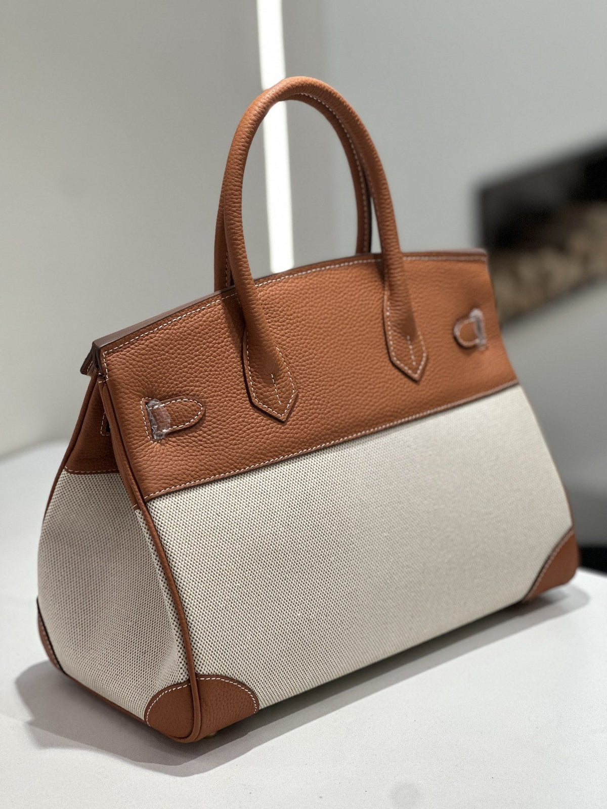 New Cross-border Genuine Leather Birkin Bag, Cowhide With Fabric Large Tote, Commuter Handbag With A High-end Kelly Bag Feel - Che Cose Belle