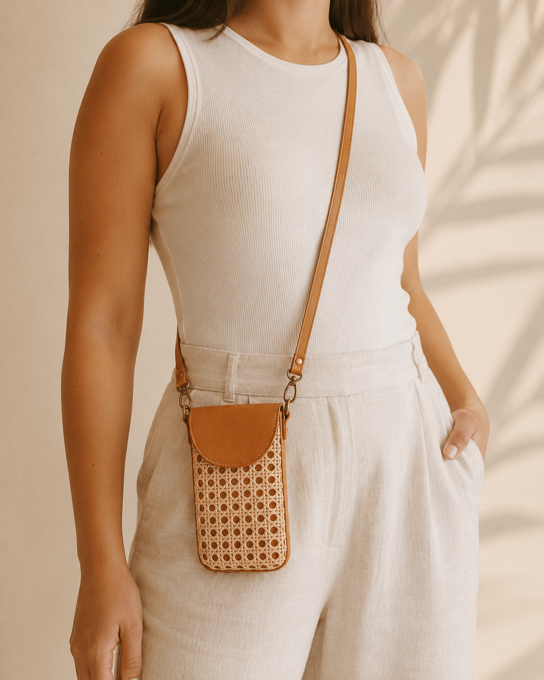 Nia Leather and Rattan Phone Sling - Che Cose Belle