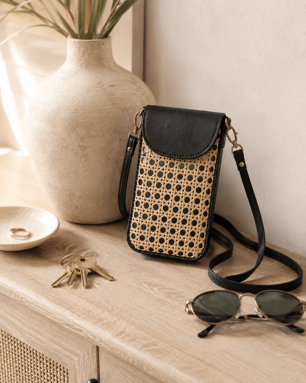 Nia Leather and Rattan Phone Sling - Che Cose Belle