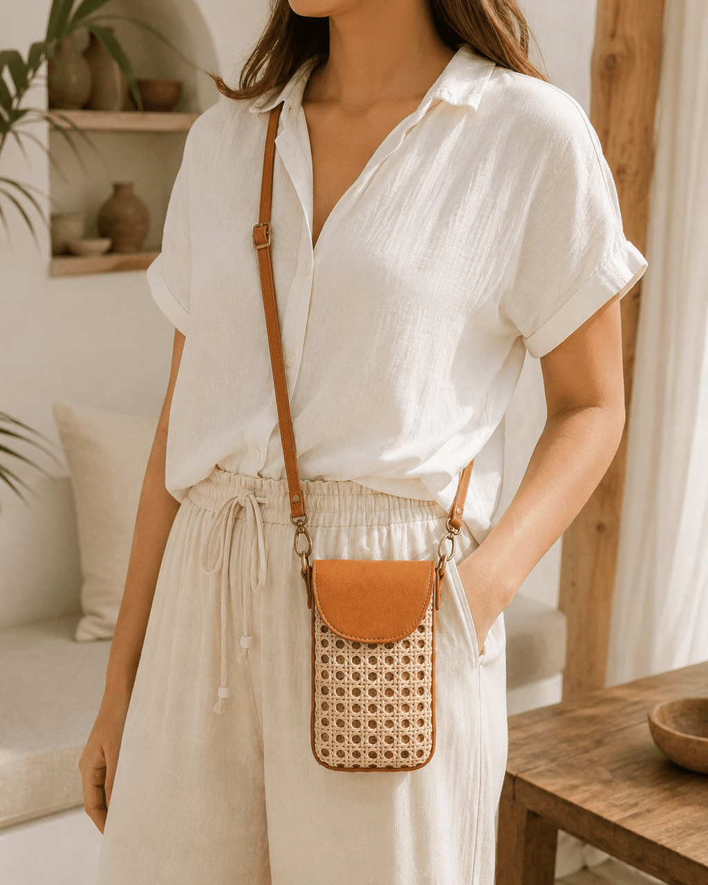 Nia Leather and Rattan Phone Sling - Che Cose Belle