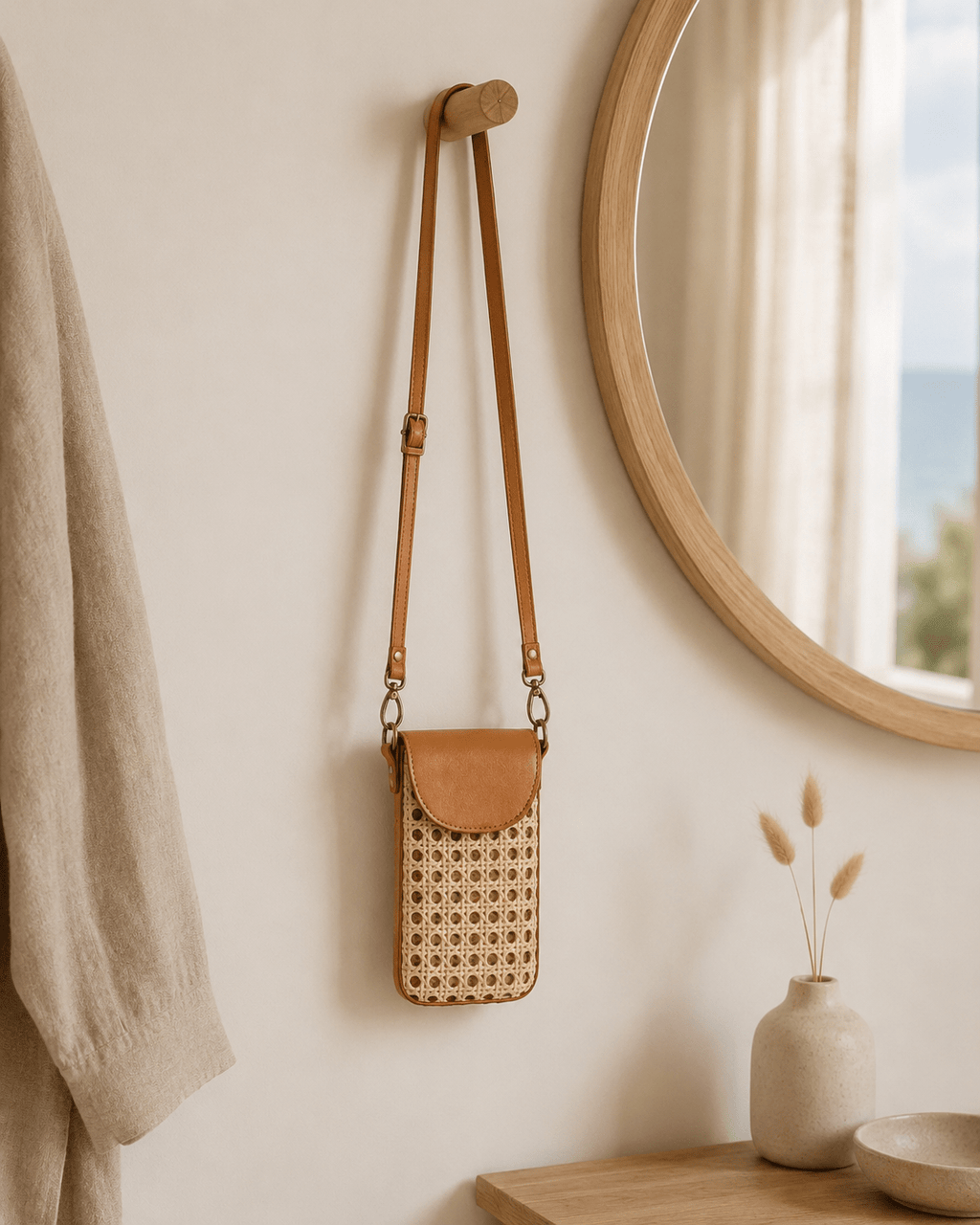 Nia Leather and Rattan Phone Sling - Che Cose Belle