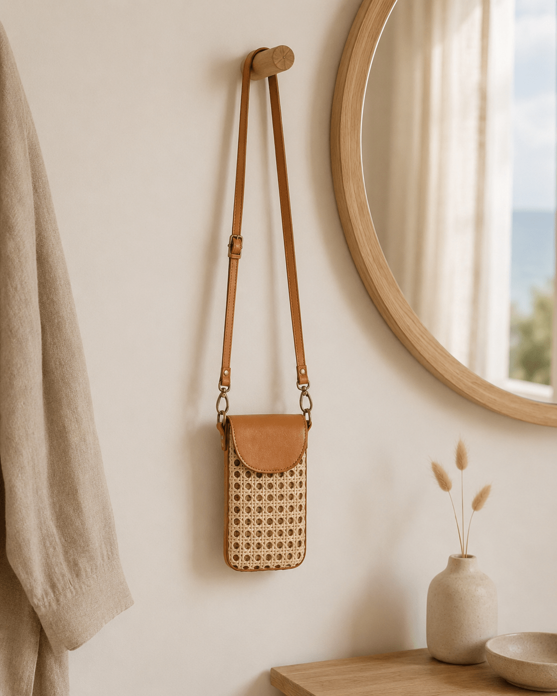 Nia Leather and Rattan Phone Sling - Che Cose Belle