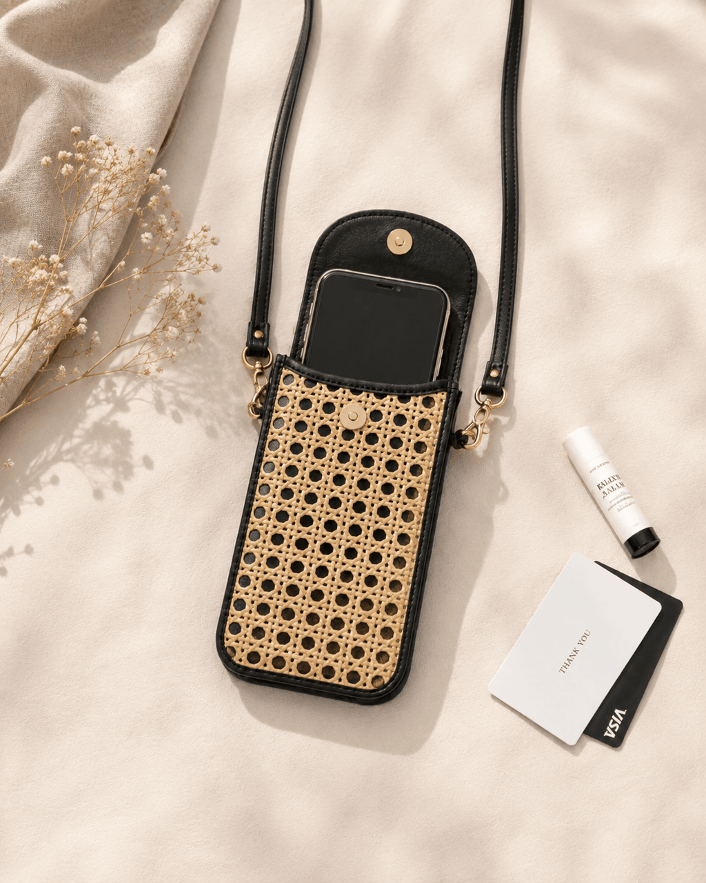 Nia Leather and Rattan Phone Sling - Che Cose Belle