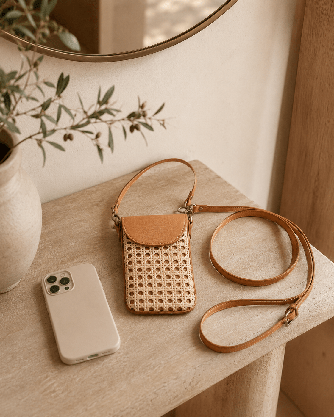 Nia Leather and Rattan Phone Sling - Che Cose Belle