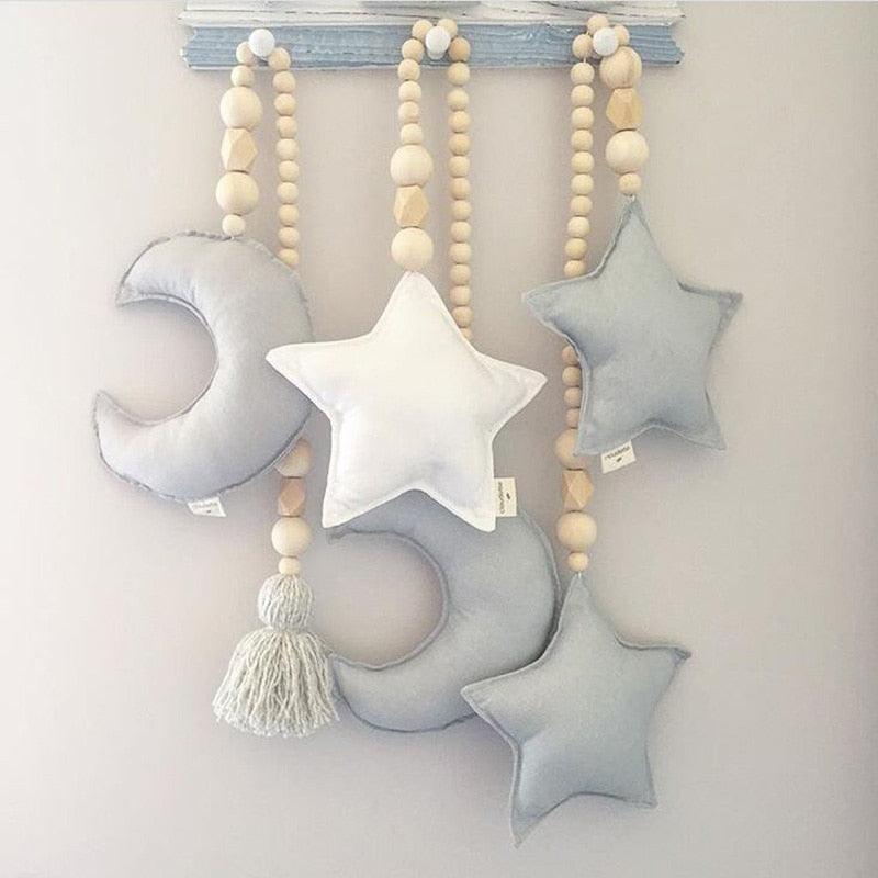 Nordic Wooden Beads Mobile Hanging Ornament Double Star Moon Nursery Bed Ornament For Kids Room Decoration Baby Shower Felt Nursery Ceiling Decoration For Girls/Boys Baby Crib Tent Hanging Pendant Wall Decor Photography Props - Che Cose Belle