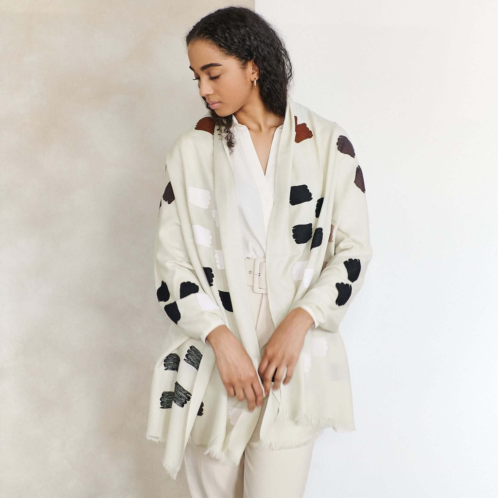 Off White Dahlia Hand Embroidered Hand Woven Modern Artisanal Scarf - Che Cose Belle