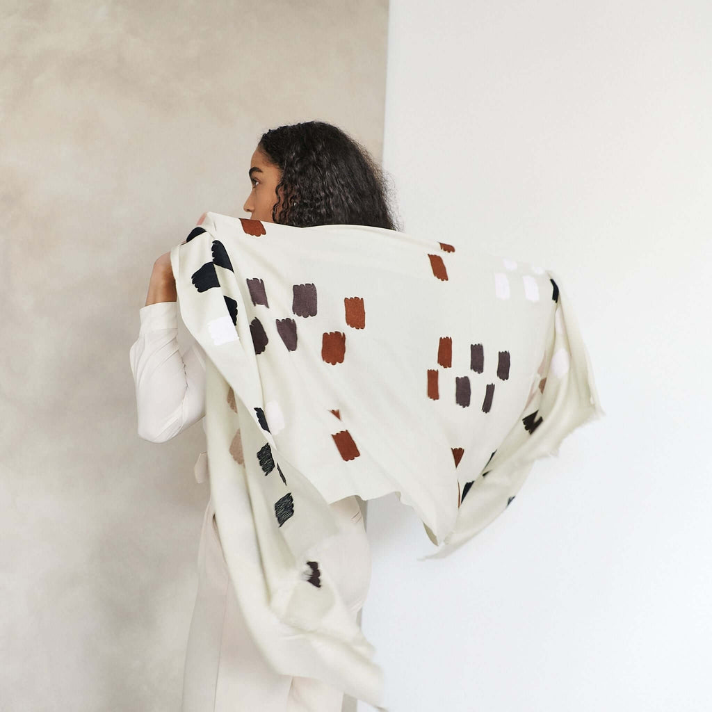 Off White Dahlia Hand Embroidered Hand Woven Modern Artisanal Scarf - Che Cose Belle