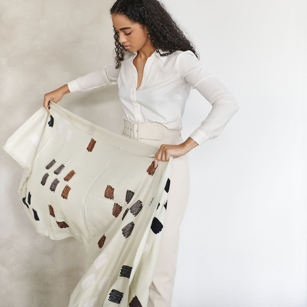 Off White Dahlia Hand Embroidered Hand Woven Modern Artisanal Scarf - Che Cose Belle
