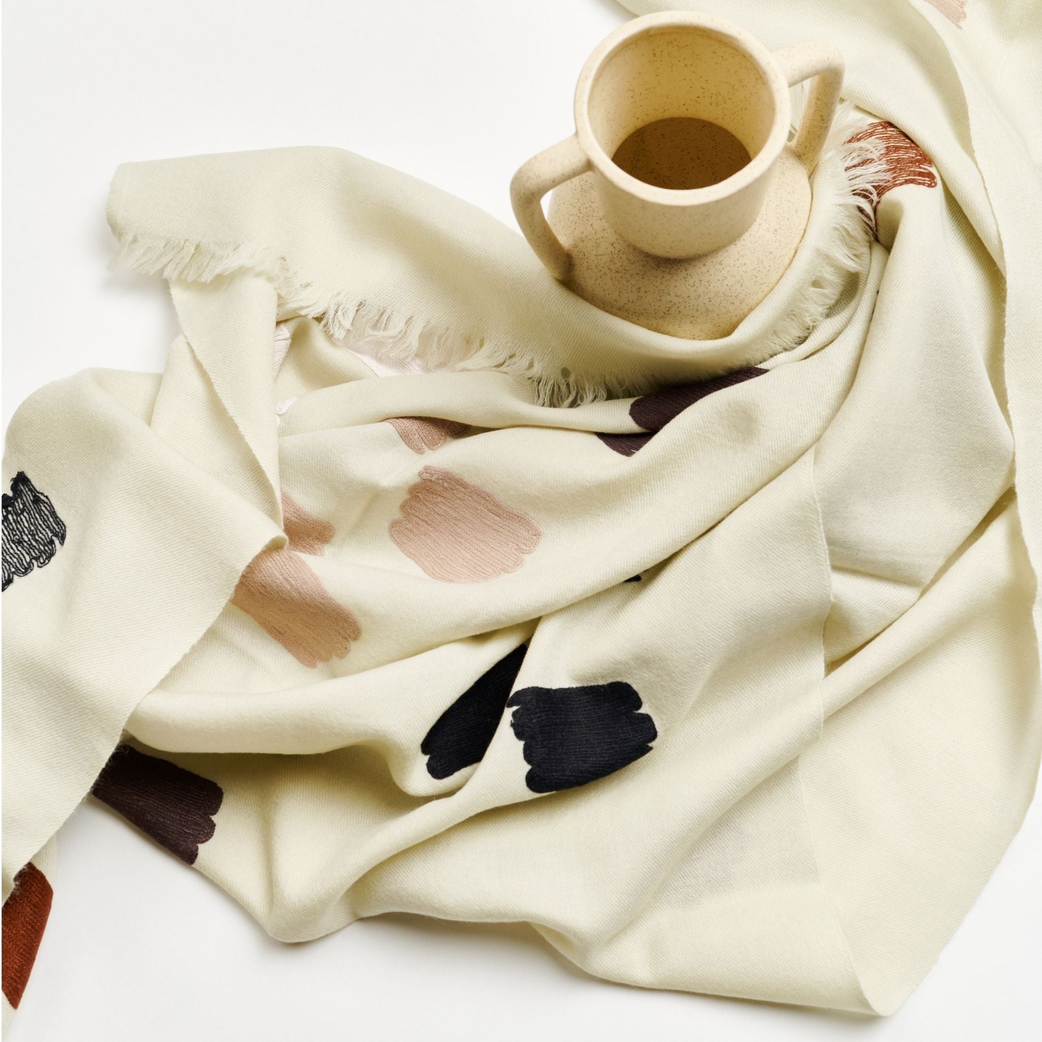 Off White Dahlia Hand Embroidered Hand Woven Modern Artisanal Scarf - Che Cose Belle