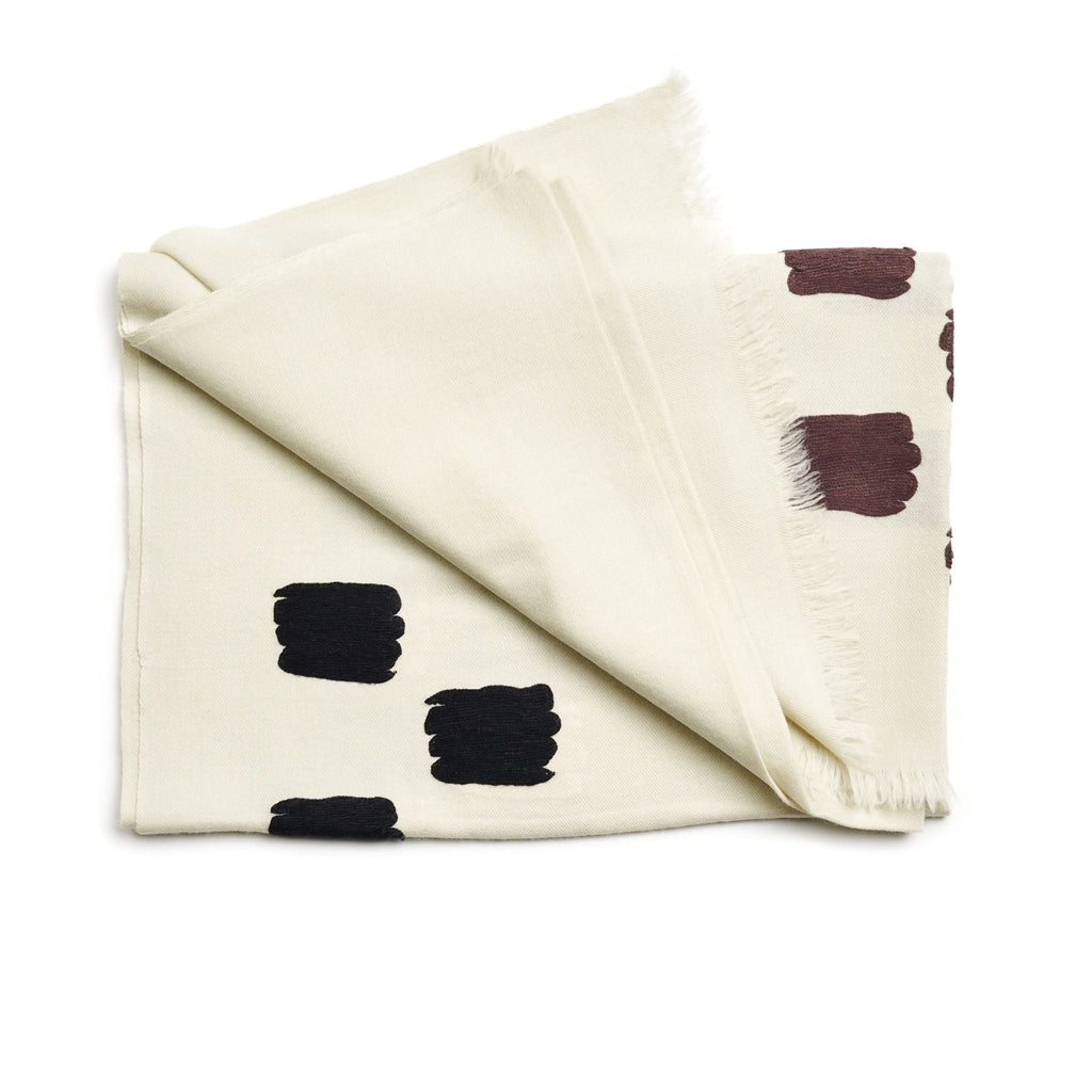 Off White Dahlia Hand Embroidered Hand Woven Modern Artisanal Scarf - Che Cose Belle