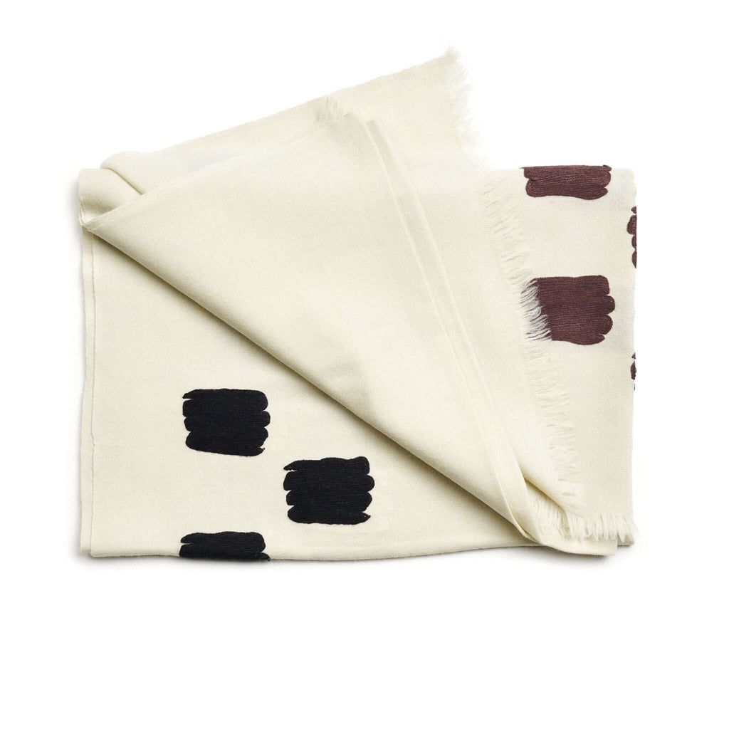 Off White Dahlia Hand Embroidered Hand Woven Modern Artisanal Scarf - Che Cose Belle