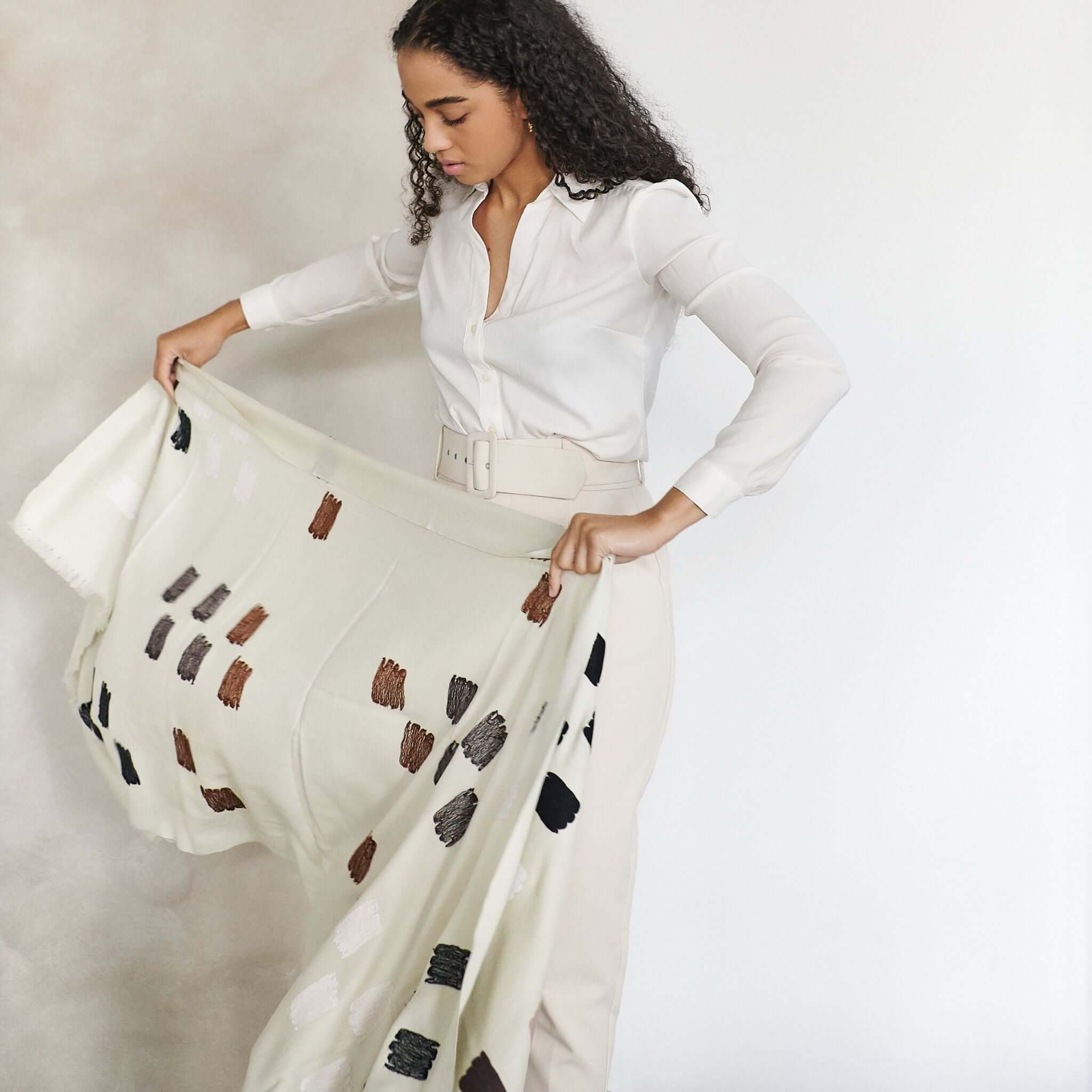 Off White Dahlia Hand Embroidered Hand Woven Modern Artisanal Scarf - Che Cose Belle