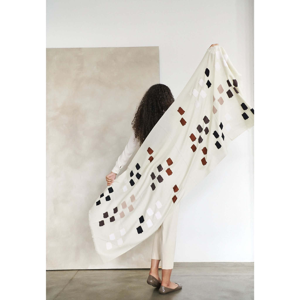 Off White Dahlia Hand Embroidered Hand Woven Modern Artisanal Scarf - Che Cose Belle