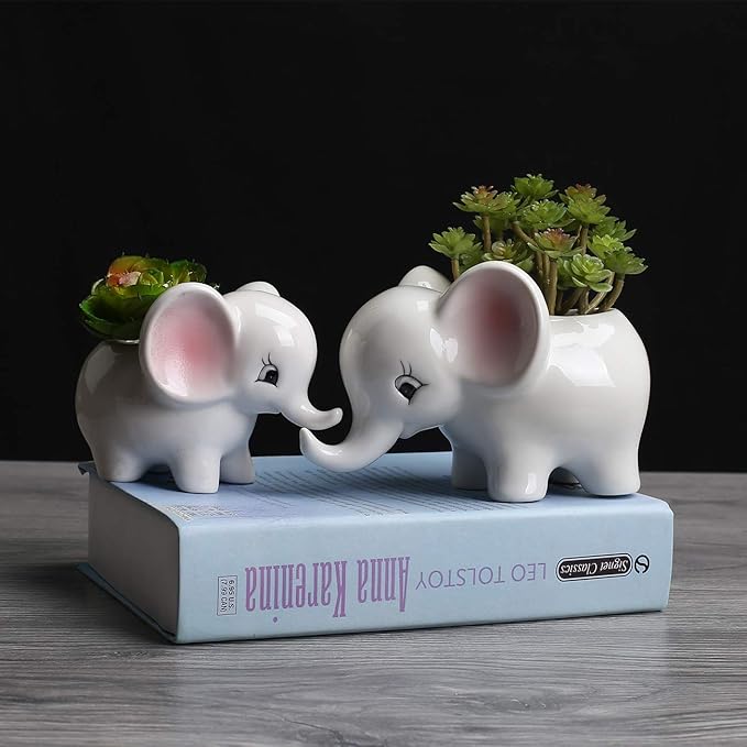 Ogrmar 2PCS Elephant Plant Window Boxes Cute Elephant Flower Pot/Modern White Ceramic Succulent Planter Pots/Tiny Flower Plant Containers Animal Decor - Che Cose Belle