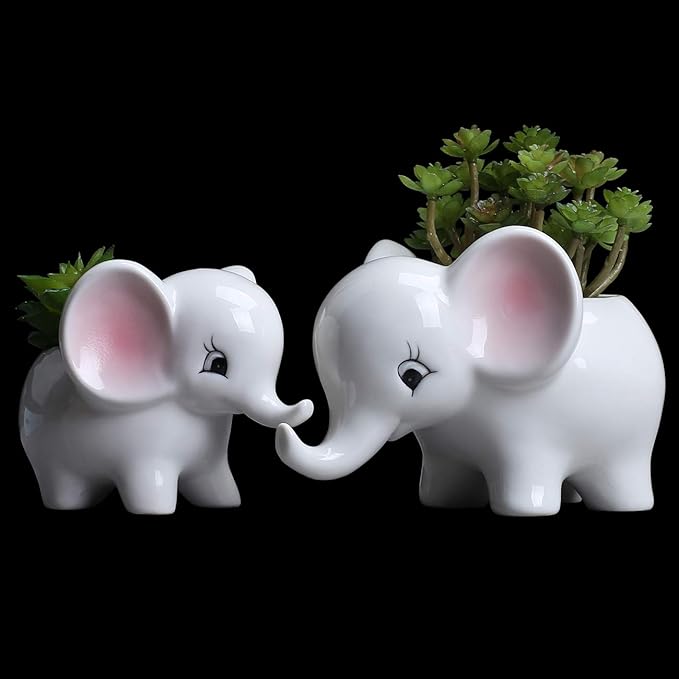 Ogrmar 2PCS Elephant Plant Window Boxes Cute Elephant Flower Pot/Modern White Ceramic Succulent Planter Pots/Tiny Flower Plant Containers Animal Decor - Che Cose Belle