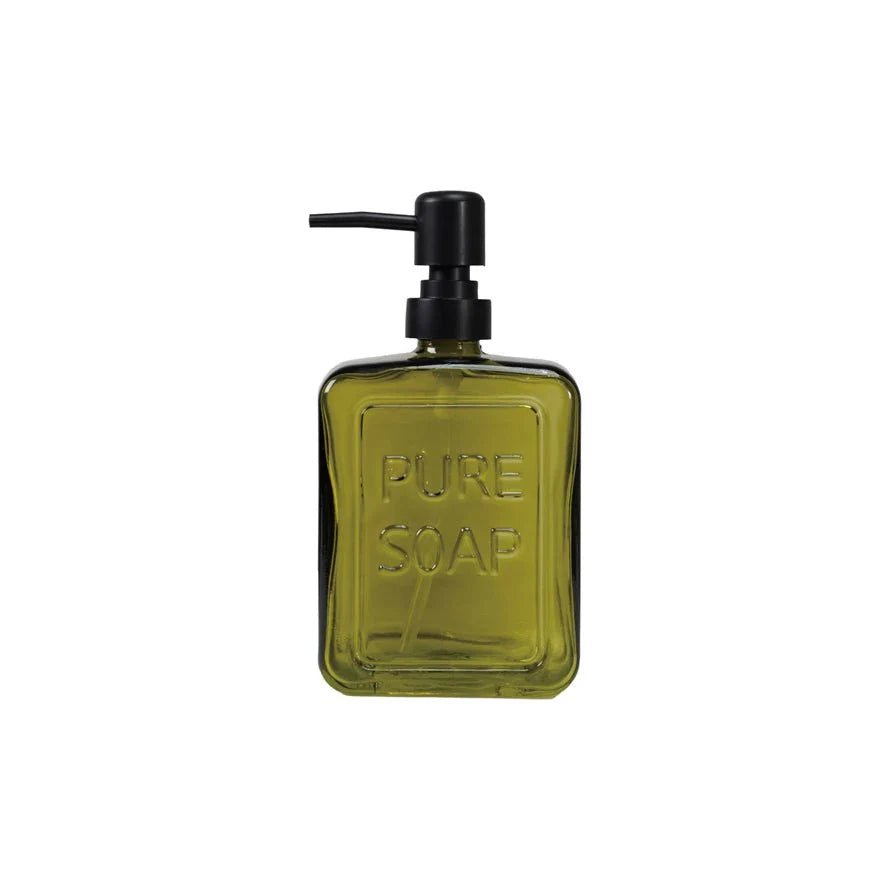 Olive Green Glass Soap Dispenser – “Pure Soap” Design - Che Cose Belle