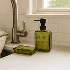 Olive Green Glass Soap Dispenser – “Pure Soap” Design - Che Cose Belle