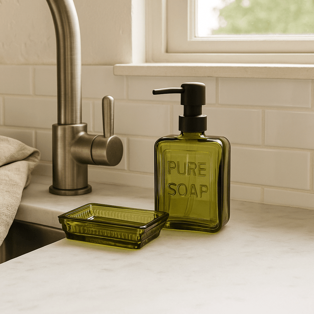 Olive Green Glass Soap Dispenser – “Pure Soap” Design - Che Cose Belle