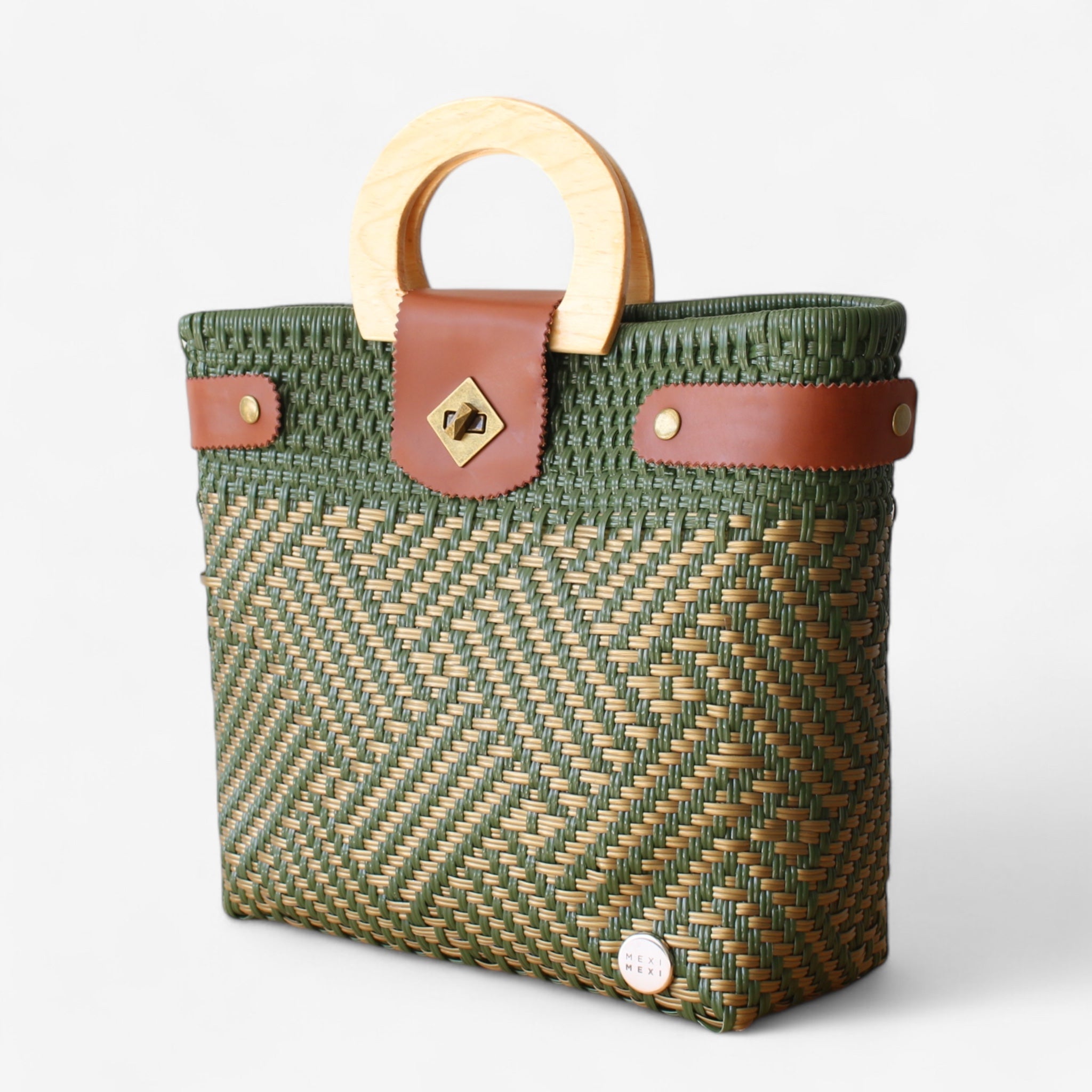 Olive Green & Gold Handmade Tote Bag with Wooden Handle - Che Cose Belle