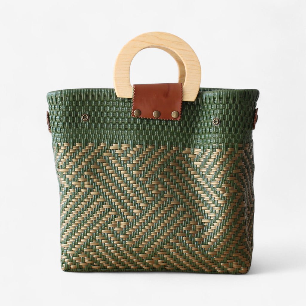 Olive Green & Gold Handmade Tote Bag with Wooden Handle - Che Cose Belle