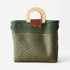 Olive Green & Gold Handmade Tote Bag with Wooden Handle - Che Cose Belle