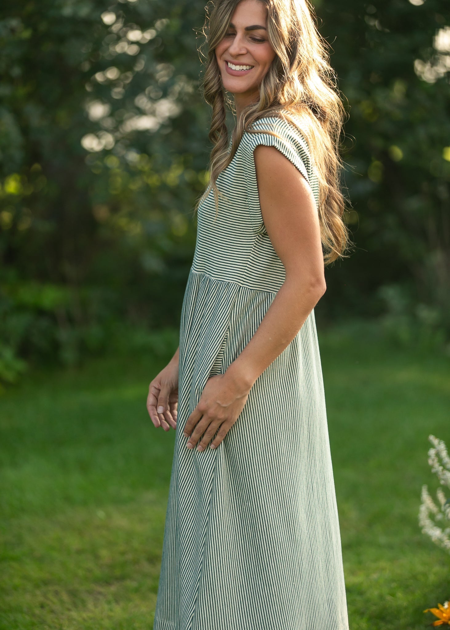 Olivia Green A - line Striped Midi Dress - Che Cose Belle