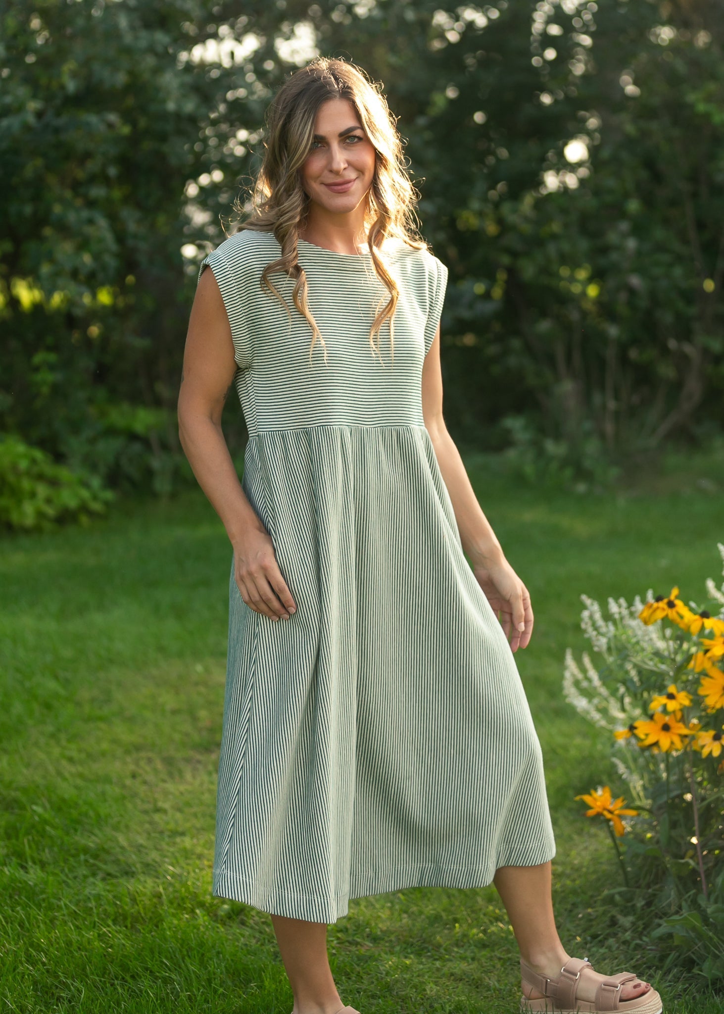 Olivia Green A - line Striped Midi Dress - Che Cose Belle