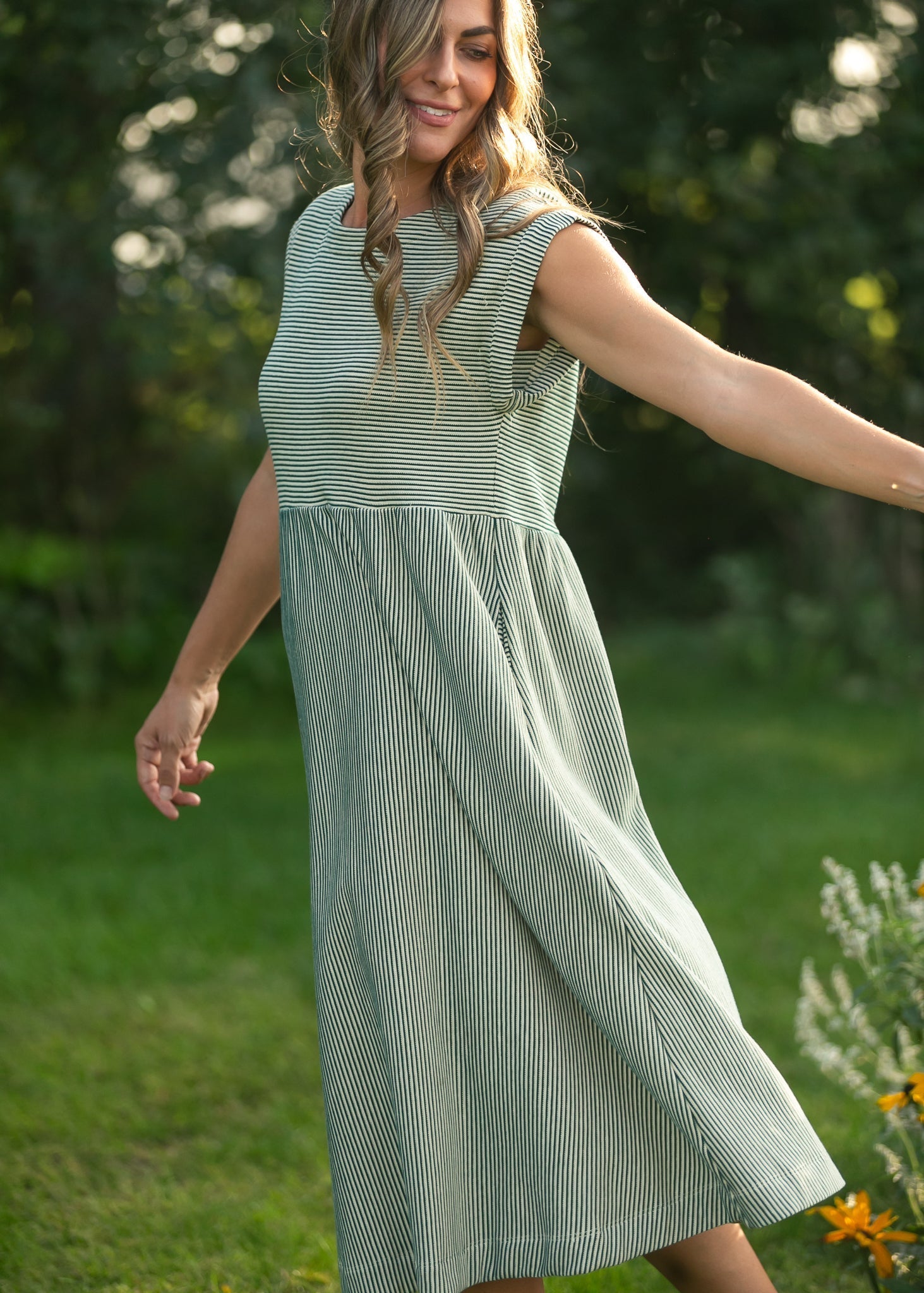 Olivia Green A - line Striped Midi Dress - Che Cose Belle