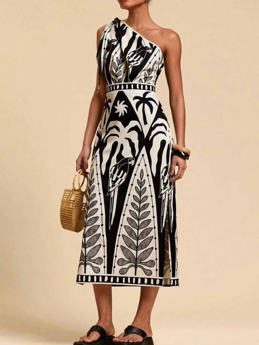 One - Shoulder Tropical Print Midi Dress - Che Cose Belle