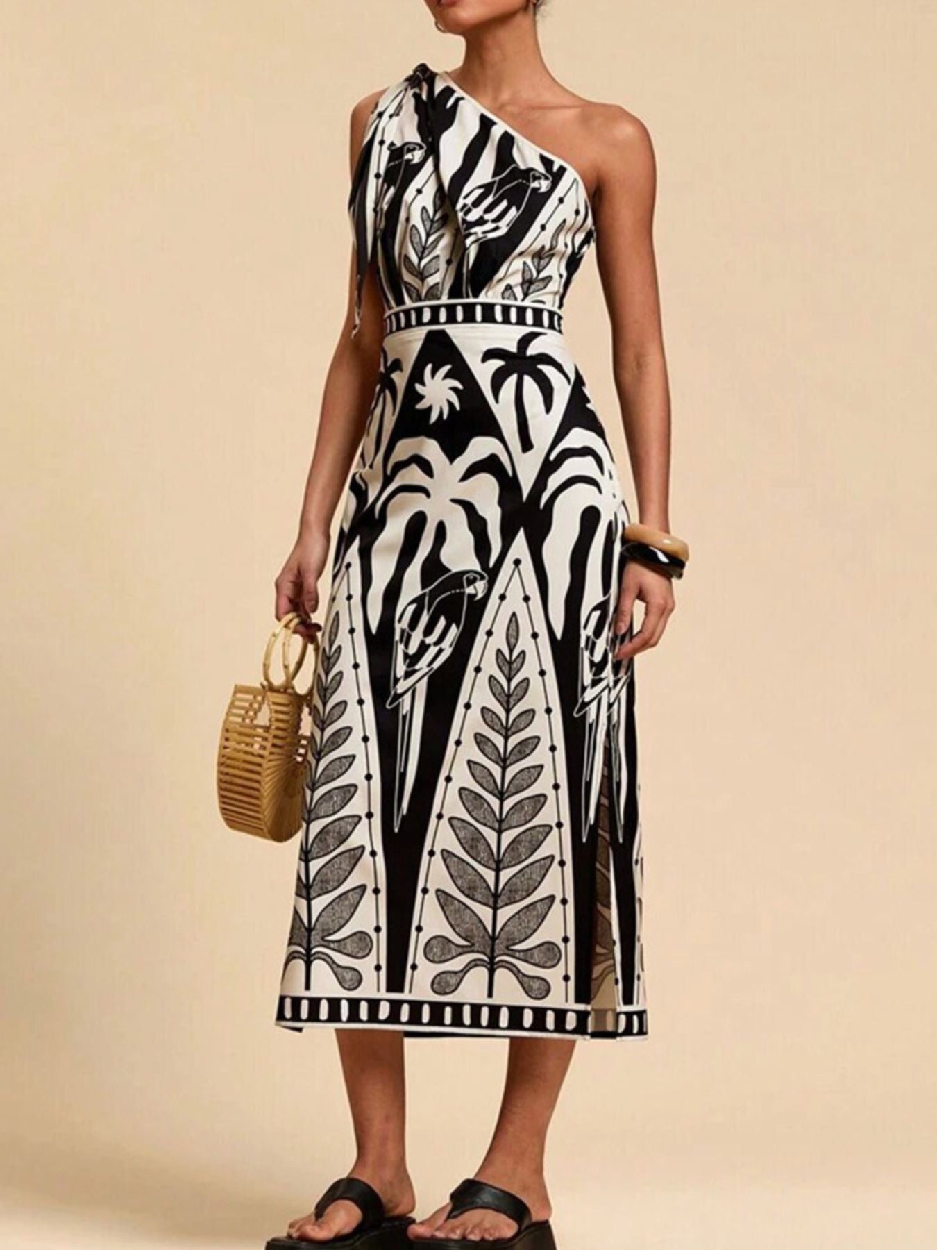 One - Shoulder Tropical Print Midi Dress - Che Cose Belle