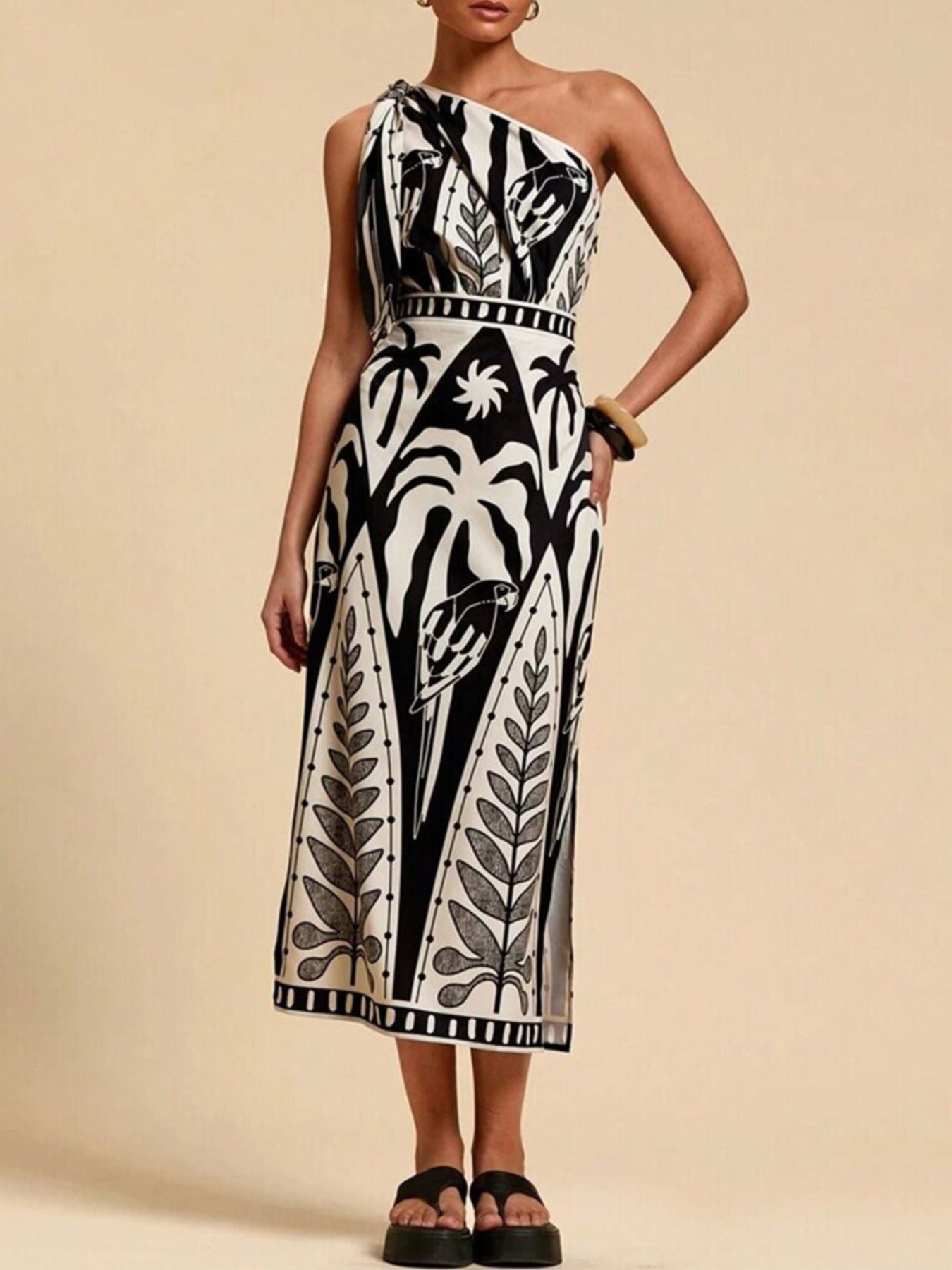 One - Shoulder Tropical Print Midi Dress - Che Cose Belle